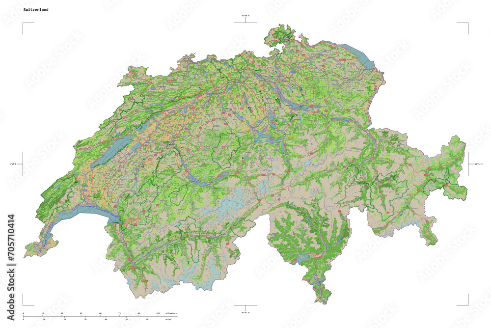 Switzerland shape isolated on white. OSM Topographic French style map