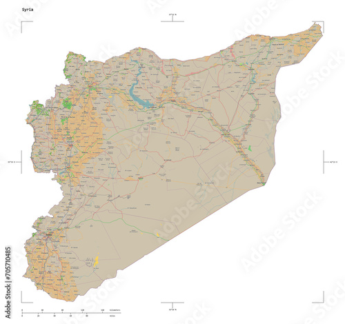 Syria shape isolated on white. OSM Topographic French style map
