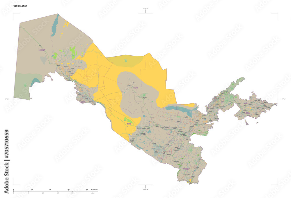 Uzbekistan shape isolated on white. OSM Topographic French style map