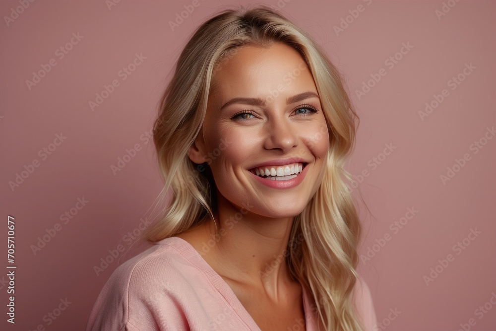 Close-up portrait of a happy smiling young blonde woman looking at the camera on a pink background. Positive emotions, facial expression concepts. Close-up portrait of a happy smiling young blonde woman looking at the camera on a pink background. Positive emotions, facial expression concepts.