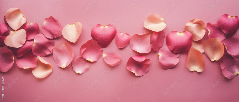 Pink rose petals on pink background. Top view, flat lay.
