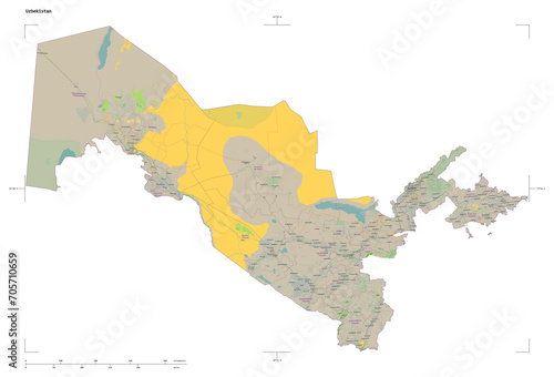 Uzbekistan shape isolated on white. OSM Topographic French style map