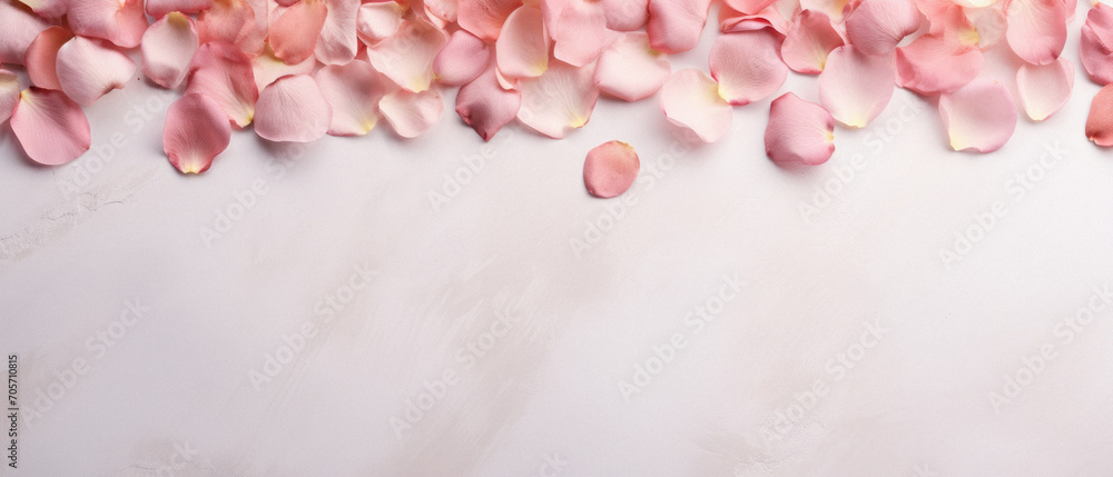 Obraz premium Pink rose petalsle background. Top view, copy space.
