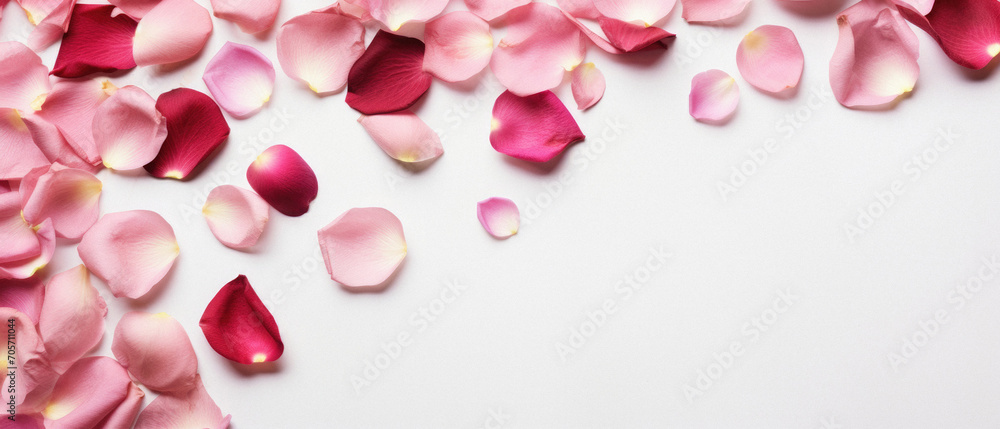 Pink rose petals on white background with copy space for text.
