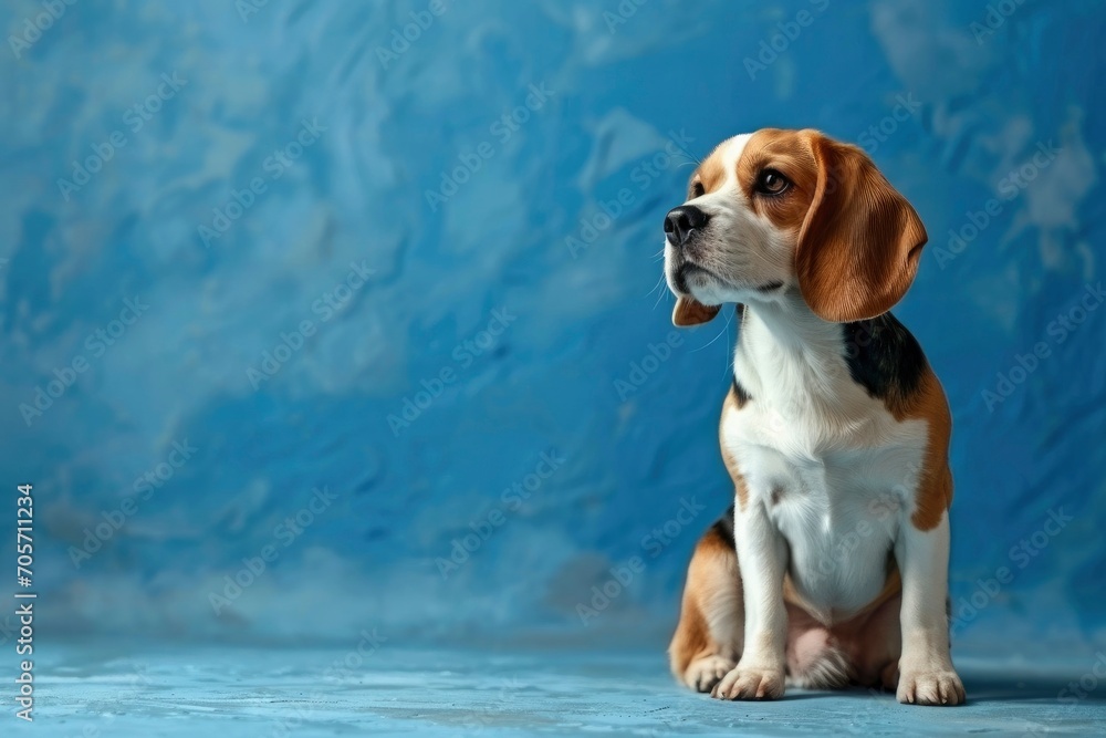 Beagle dog sitting in a blue environment