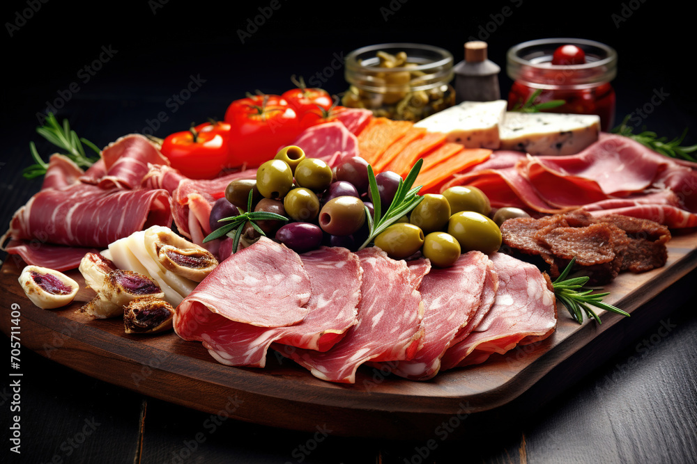 Charcuterie board on black background. Cheese, Prosciutto di parma ham, salami and olives