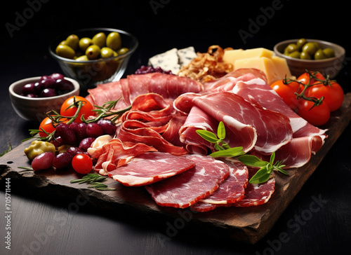 Appetizers table with differents antipasti, charcuterie, snacks