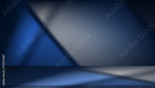 Blue background studio wall room with light and window shadow for product presentation.Vector 3d Backdrop Empty neon room background with sunlight effect overly on floor,Mockup for display product