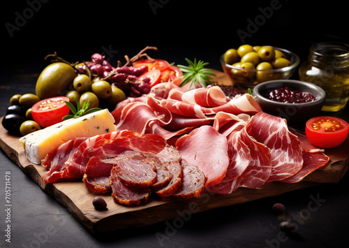 Antipasto platter with prosciutto crudo or jamon, ham, salami, cheese, olives and grapes