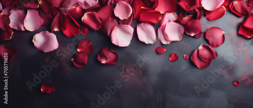 Red rose petals on black background. Valentines day background.