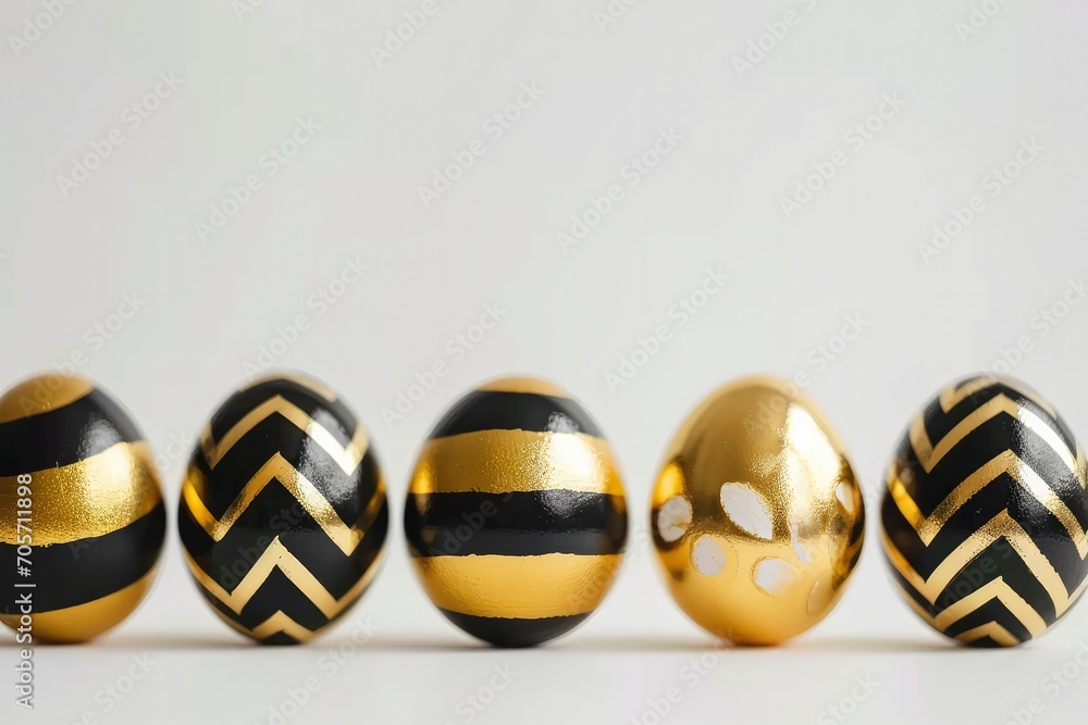 Easter golden and black decorated eggs stand in a row on white background