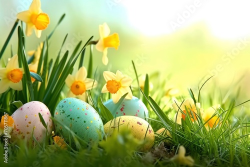 Colorful easter eggs in grass with happy easter background