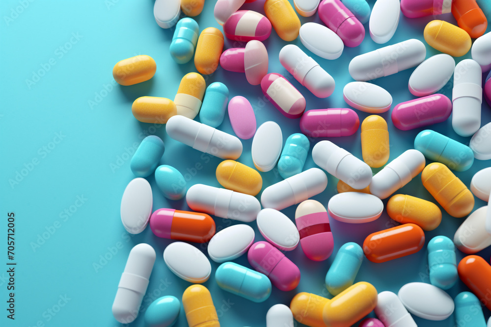 Multicolored tablets on blue background. Health care concept Multicolored tablets on blue background. Health care concept