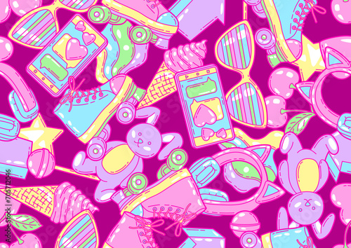 Seamless pattern with fashion girlish items. Colorful cute teenage background.