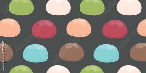 Mochi seamless pattern. Japanese Mochi with different fillings on black background. Asian sweet food. Vector for clothes, background, print, package. Japanese Mochi in rice dough.