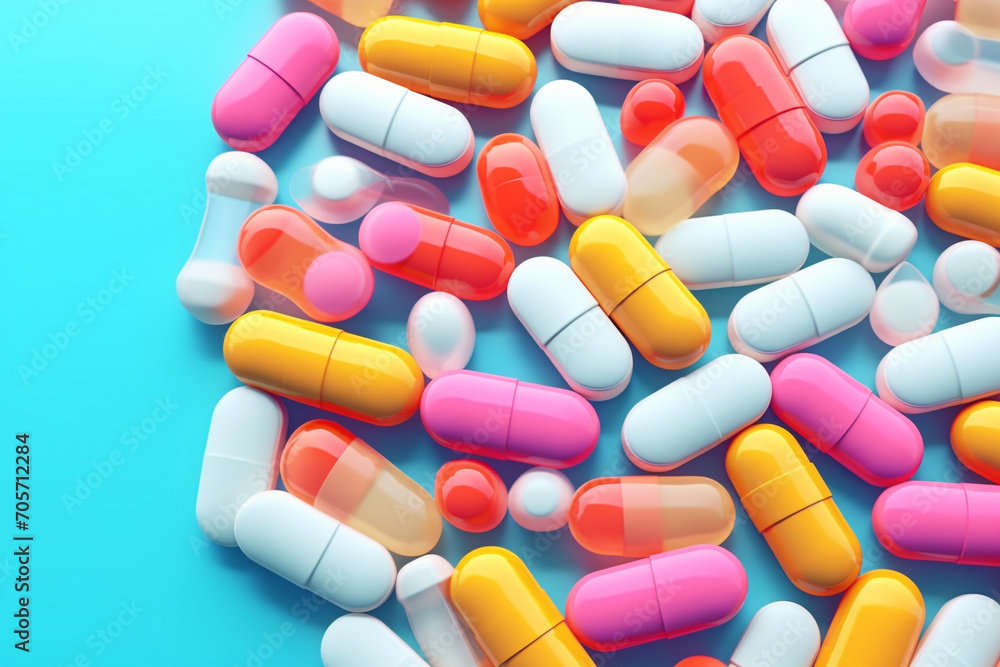 Multicolored tablets on blue background. Health care concept Multicolored tablets on blue background. Health care concept