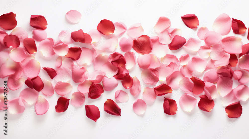 Rose petals on white background, valentine's day background.