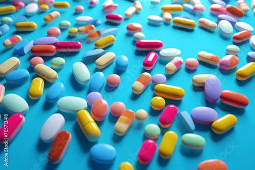Multicolored tablets on blue background. Health care concept