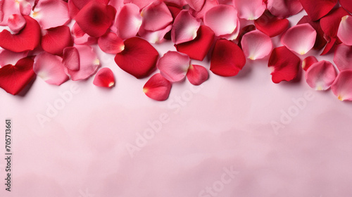 Red rose petals on pink background with copy space, closeup.