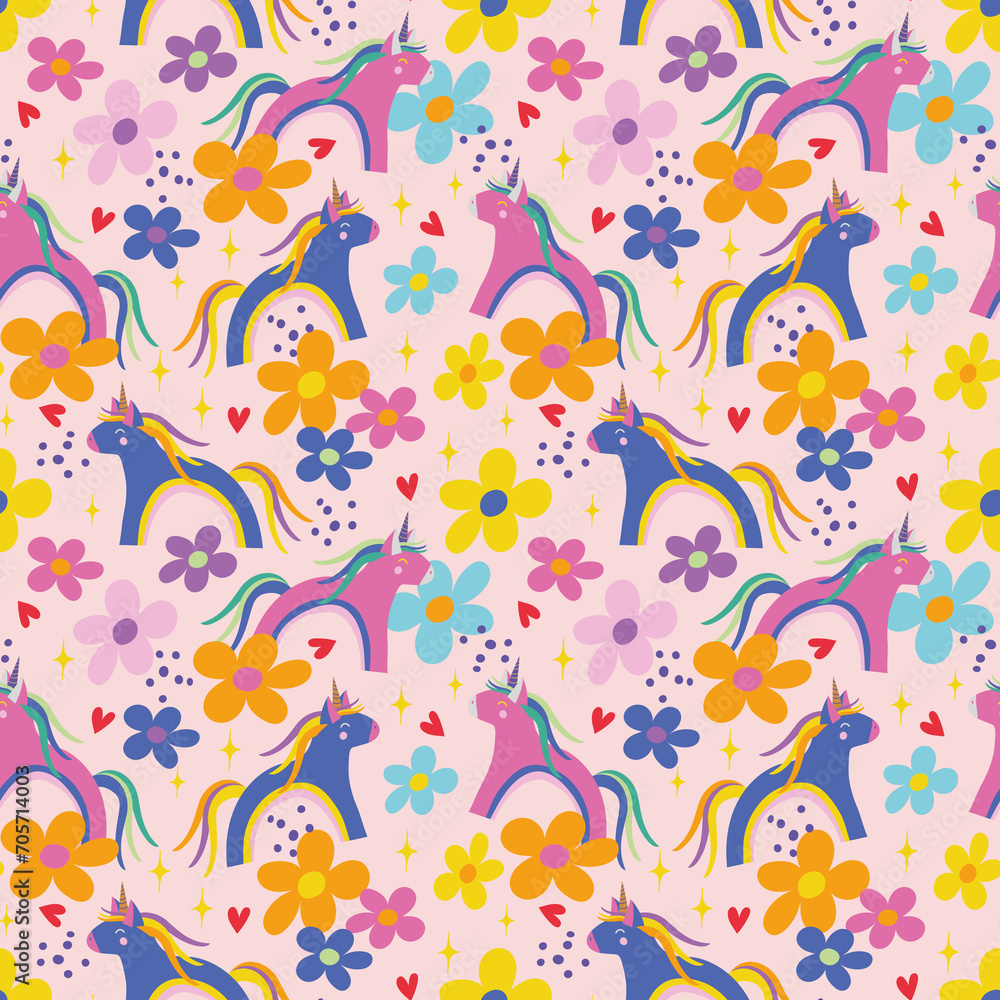 Seamless pattern with unicorns. Cute childish repeated texture with fairytale animals. Cartoon unicorns. Fantasy print for kids clothing and fabric. Rainbow unicorns background. Girlish colorful print Seamless pattern with unicorns. Cute childish repeated texture with fairytale animals. Cartoon unicorns. Fantasy print for kids clothing and fabric. Rainbow unicorns background. Girlish colorful print
