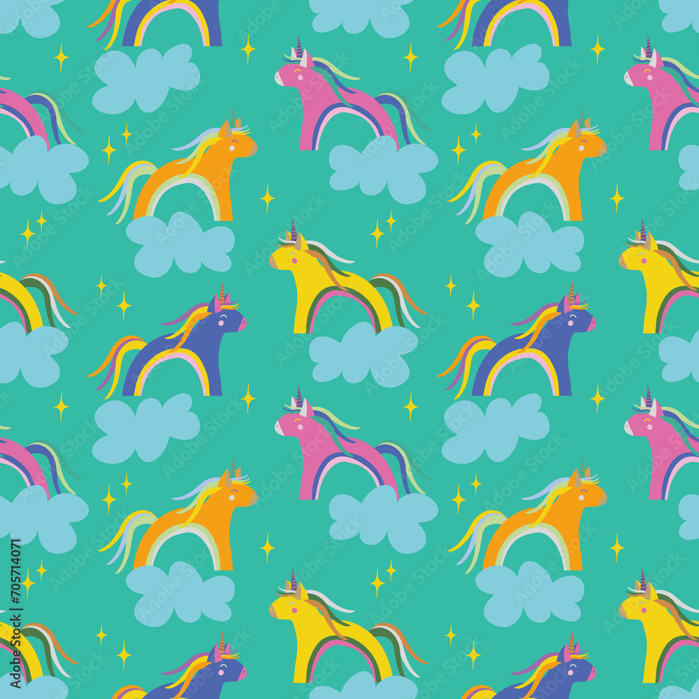 Seamless pattern with unicorns. Cute childish repeated texture with fairytale animals. Cartoon unicorns. Fantasy print for kids clothing and fabric. Rainbow unicorns background. Girlish colorful print Seamless pattern with unicorns. Cute childish repeated texture with fairytale animals. Cartoon unicorns. Fantasy print for kids clothing and fabric. Rainbow unicorns background. Girlish colorful print