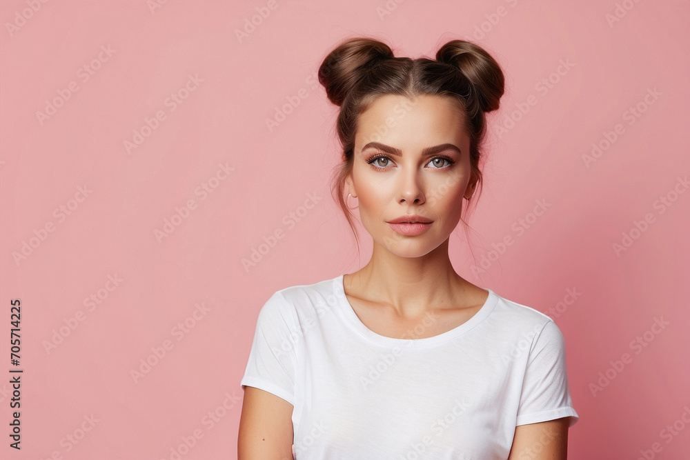 Close-up portrait of a beautiful young woman wearing a white T-shirt and looking at the camera on a pink background with a copy space. Close-up portrait of a beautiful young woman wearing a white T-shirt and looking at the camera on a pink background with a copy space.
