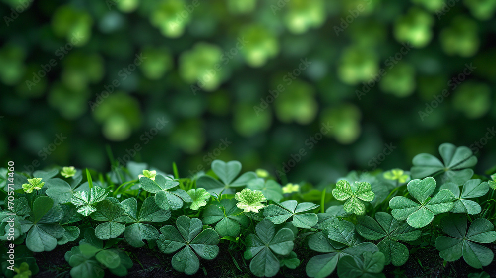 green background with green leaves of three and four leaf clover, shamrocks, greeting banner green background with green leaves of three and four leaf clover, shamrocks, greeting banner