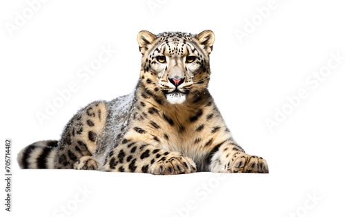 Snowy Stealth: Observing the Camouflaging Mastery of a Snow Leopard Isolated on Transparent Background PNG.