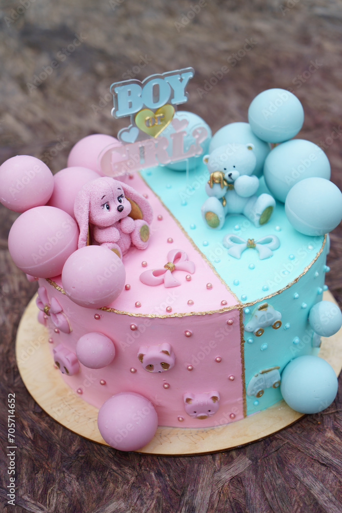 Pink and blue cake for a gender party, revealing the gender of the child. Pink and blue cake for a gender party, revealing the gender of the child.