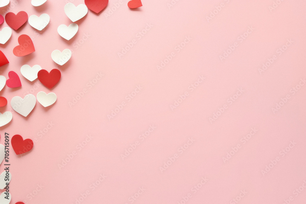 Valentine's day background with red and white hearts on pink background.