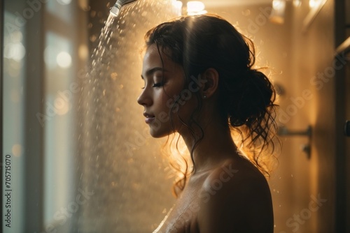 Side view of a beautiful young girl with her eyes closed under the pressure of water in the shower. Copy space.