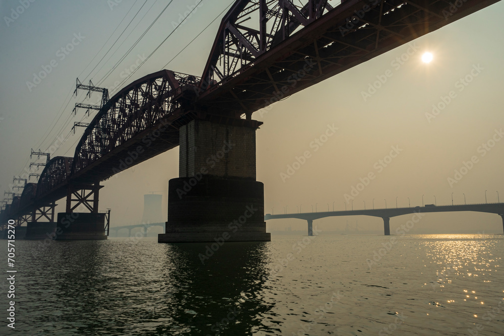 Hardinge Bridge steel railway truss bridge over the Padma River, Bangladesh.