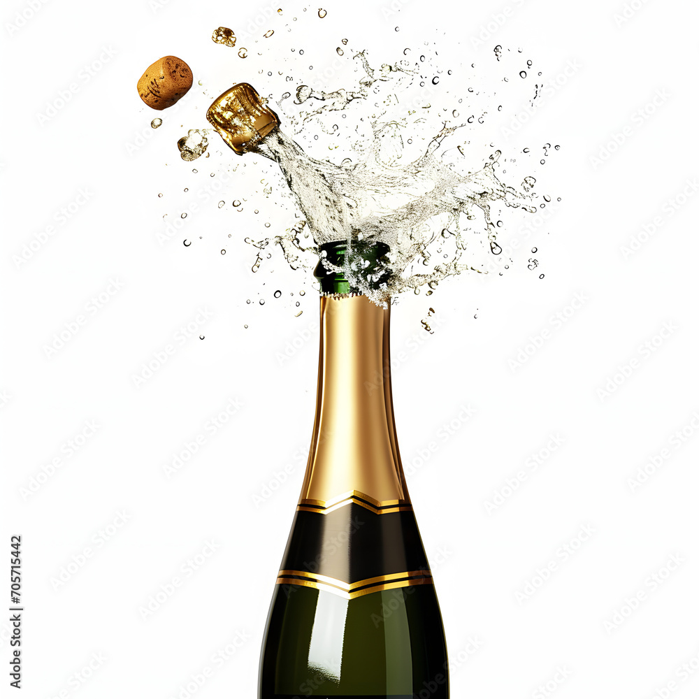 Champagne bottle being popped open isolated on white background