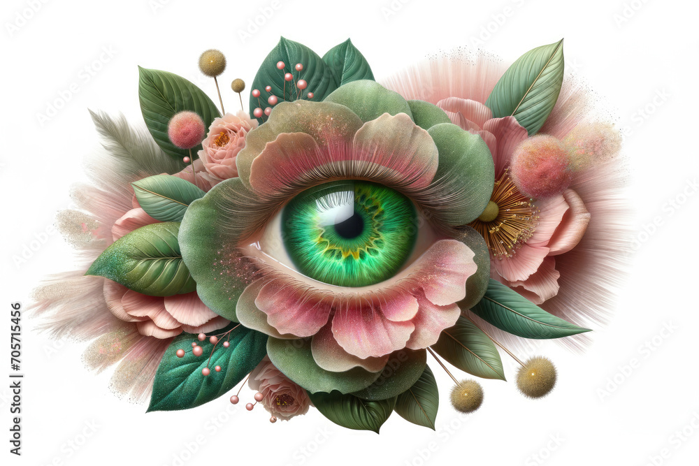 Floral art collage with pink petals and eye on white background - obrazy, fototapety, plakaty 