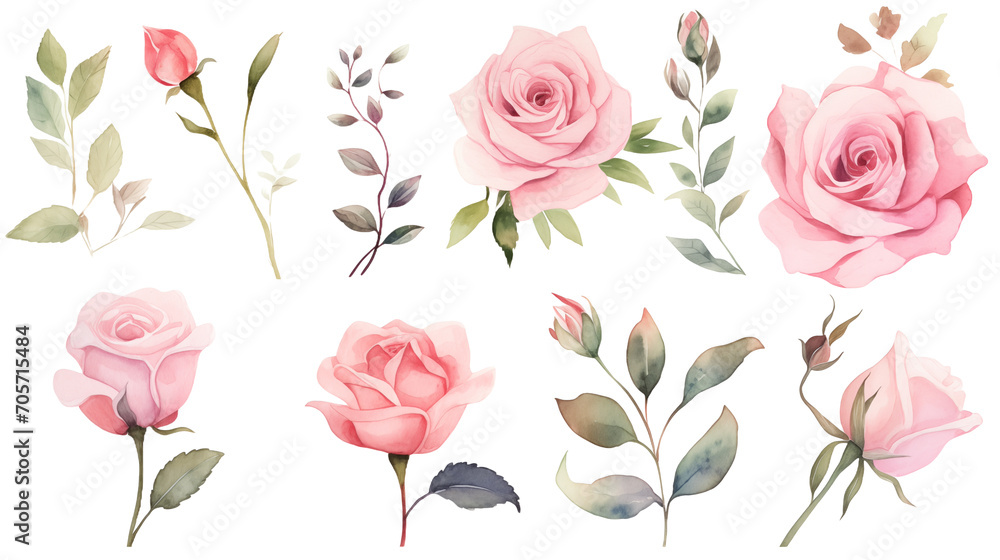 Watercolor elements pink roses on a white background