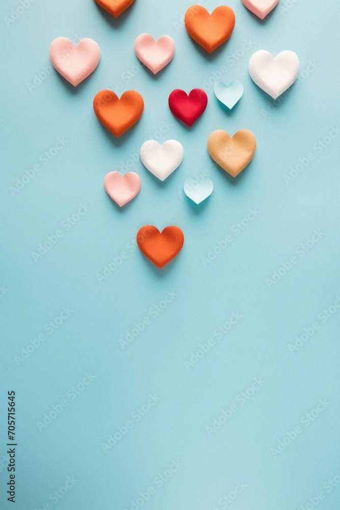 Colorful hearts on blue background. Top view. Copy space.