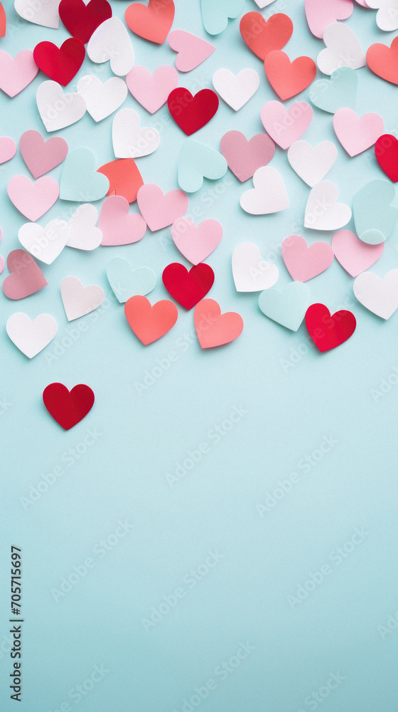 Valentine's day background with paper hearts on blue background.
