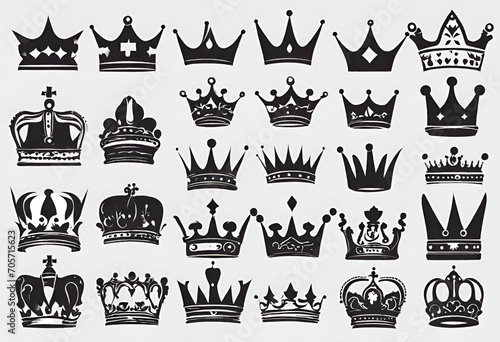 crown icon set, colorless isolated background with set of crowns for logo and designs photo
