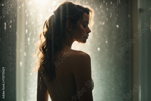 The silhouette of a young woman in the shower.