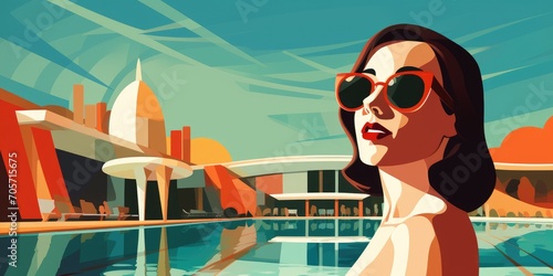 Retro woman by the apartment with pool, art illustration