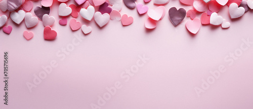 Valentine's day background with pink and white hearts on pink background.