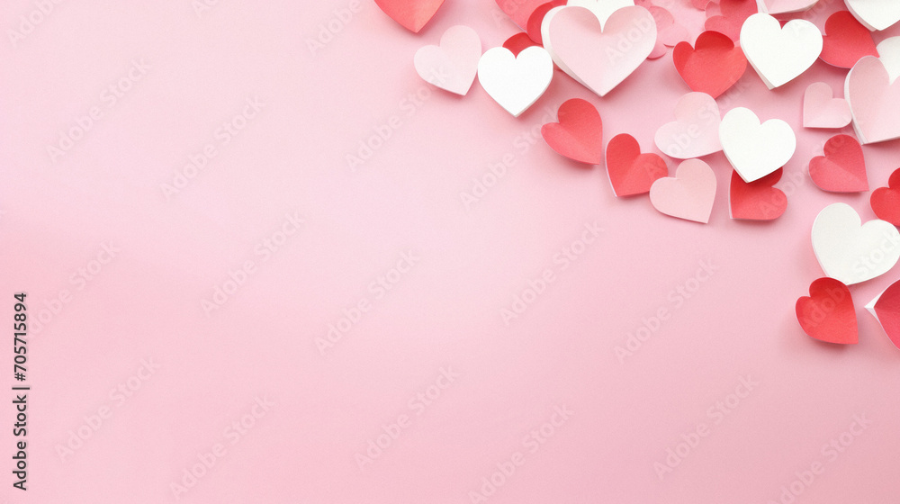 Valentine's day background with paper hearts on pink background.