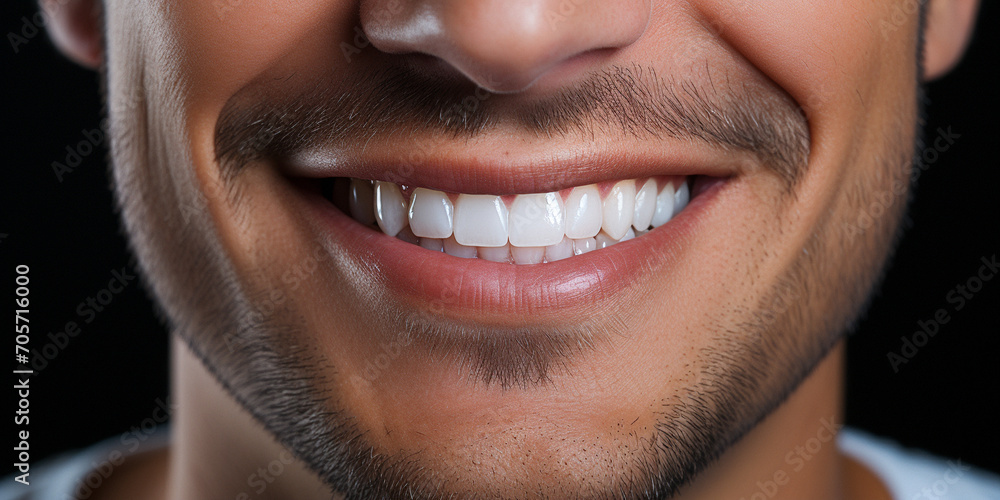 Fototapeta premium Close-up of a smiling young man with perfect healthy white teeth. The concept of dental care, veneers