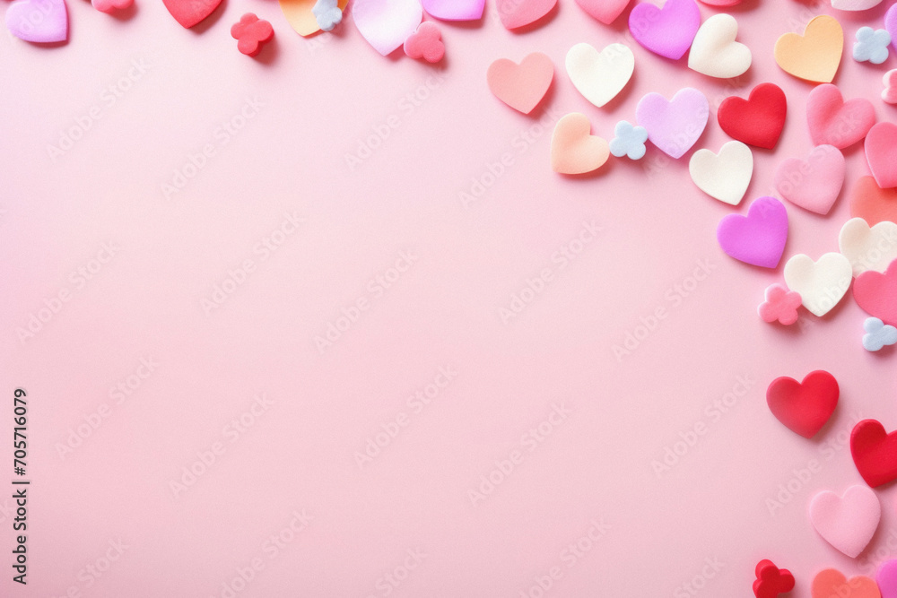 Valentine's day background with colorful hearts on pink background.