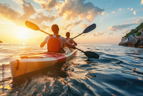 A couple kayaking in the sea during sunset, enjoying the serene and scenic outdoor adventure together.