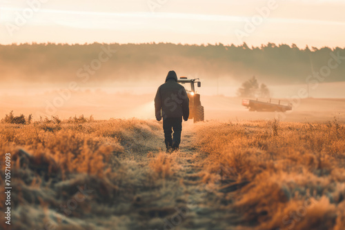 A farmer walking toward a tractor in a misty field during a beautiful sunrise in the countryside. © apratim