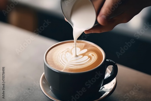 A person pouring steamed milk into coffee cup making coffee