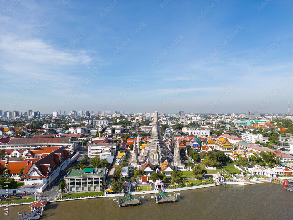 Aerial view Pagoda at Wat Arun or Temple of dawn a tourist landmark near Chao Phra Ya river