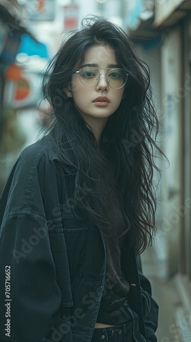 A surreal handsome young japonese girl on the street, long black hair, using glasses, full body, retrowave style, - generative ai