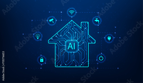 smart home iot technology line circuit and symbol on blue background. internet of things technology concept. wifi devices network innovation connection icon. ai automatic control.